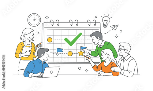 A group of professionals coordinating a structured project timeline during a focused planning meeting, gathered around a large calendar page with a bold checkmark while adjusting a few