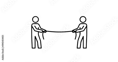 Two people pulling a rope in a competitive mood on a simple background
