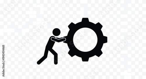 Vector illustration of a person pushing a large gear icon on a transparent background for business or industrial concepts