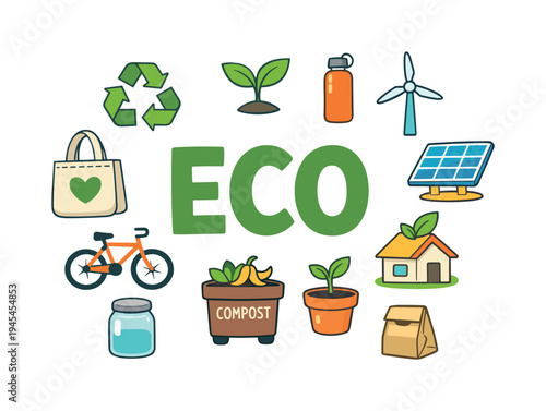 Eco friendly lifestyle concept focused on everyday sustainable habits that reduce waste and protect the environment while encouraging responsible consumption and green living practices. ECO