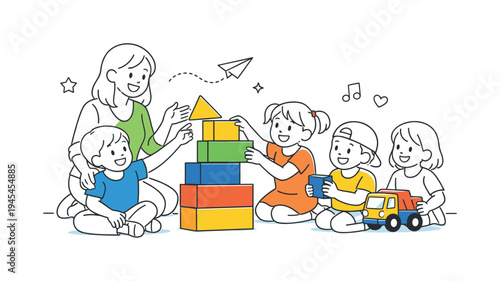 A kindergarten teacher guiding children through a playful building activity using educational toys during an early development lesson, gathered around a large stack of colorful toy blocks