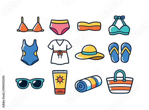 Summer swimwear collection: triangle bikini top, high waist bikini bottom, bandeau bikini top, halter bikini top, one piece swimsuit, beach cover up dress, sun hat wide brim, beach flip