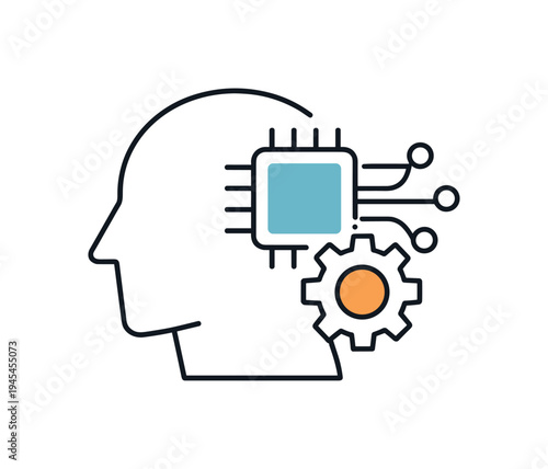 Artificial intelligence assisting everyday digital productivity and smart decision support in modern business technology environments, a simple human head outline connected to a microchip