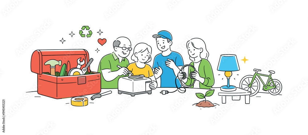 Naklejka premium Neighbors organizing a small community repair workshop where people bring broken household items and learn simple fixing skills together, visual metaphor of a large toolbox placed beside a