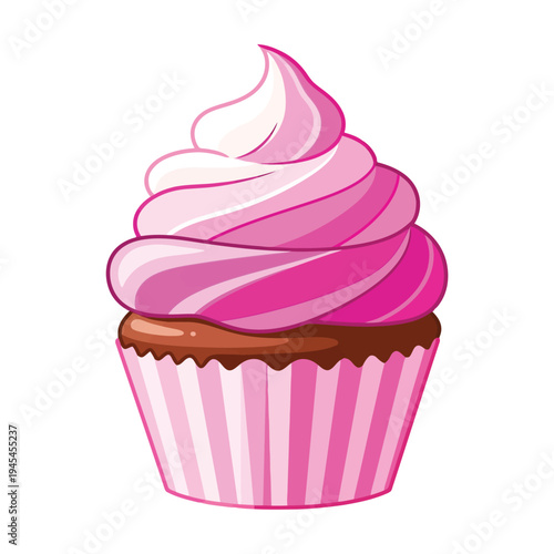 Vector illustration of a pink cupcake with swirly frosting in a pink wrapper