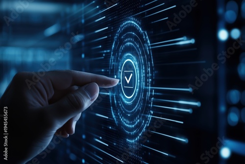 Hand presses a checkmark data privacy button on a digital screen with blue light effects. Concept of data privacy and digital technology
