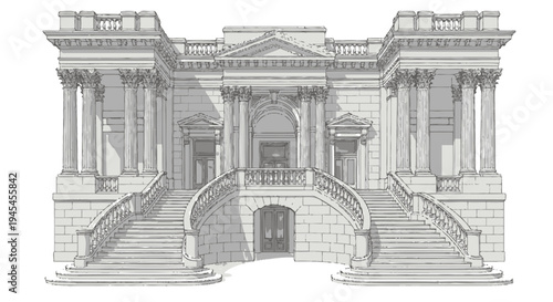 Neoclassical Building, Large Government Palace, Stone Architecture, Columns and Stairs