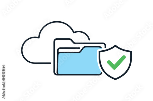 Secure cloud storage and reliable digital file protection for modern businesses and personal technology ecosystems, a simple cloud icon beside a small folder and a shield symbolizing safe