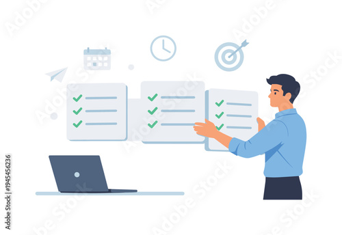 A young professional calmly organizing priorities at the start of a productive workday in a modern digital workspace, representing focused planning and efficient task management, visual