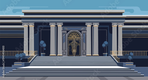 Pixel art government building, vector illustration, gray columns, gold accents, blue background