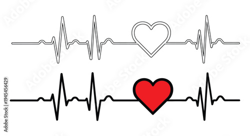 Simple black and red vector graphic illustration of a heartbeat EKG line with a heart symbol