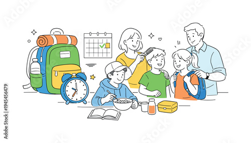 Parents guiding children in developing healthy morning routines and preparing together for a productive school day at home, visual metaphor of a large backpack beside a simple alarm clock