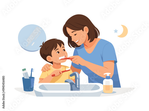 A parent carefully teaching a child how to brush teeth during an evening routine at home, representing everyday family care and healthy hygiene habits, visual metaphor of a parent guiding a