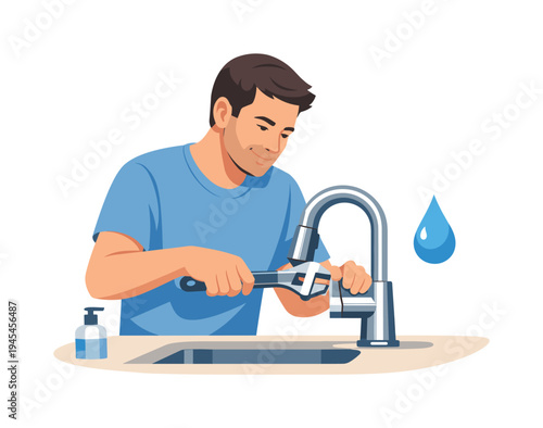 A homeowner repairing a leaking kitchen faucet during a simple home maintenance task, representing practical self sufficiency and everyday household care, visual metaphor of a person