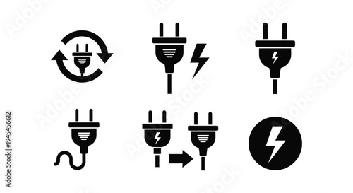 Set of electrical plug and energy bolt vector graphic icons for charging and power concepts.