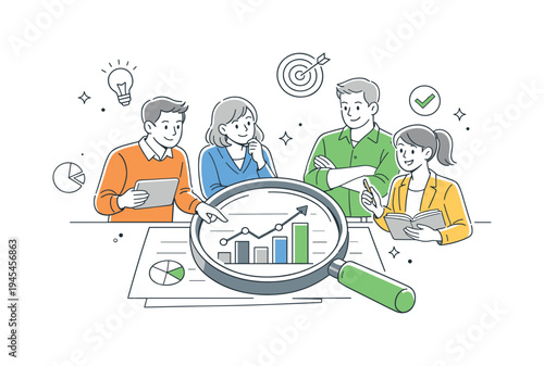 A small team exploring responsible data analytics and business insights during a collaborative review session, standing around a large magnifying glass placed over a simple chart that