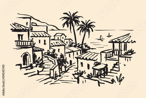 Mediterranean coastal village ink sketch vector illustration