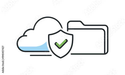 Secure cloud technology and safe storage of important digital information for modern businesses and personal users, a simple cloud icon protected by a small shield beside a folder