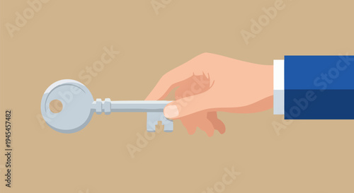 Businessman's hand in blue suit sleeve holding a silver metal key, symbolizing solution, access, success, and opportunity on a plain beige background vector illustration