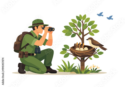A wildlife park ranger observing and protecting a nesting bird area in a natural reserve, representing environmental conservation and responsible wildlife protection, visual metaphor of a