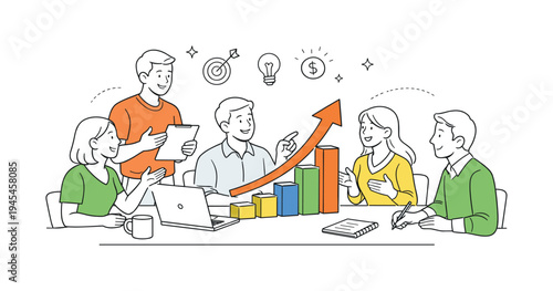 Startup team discussing company growth during a strategic review meeting, several colleagues gathered around a large upward arrow chart rising from stacked blocks beside a laptop
