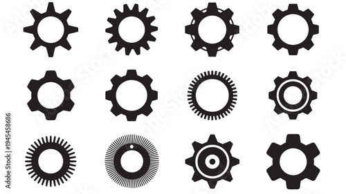 Gears set with black icons and solid fill on a white background, representing mechanical components and industry.