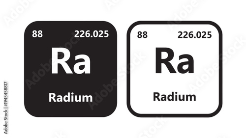 Radium element symbol Ra with atomic number 88 and atomic weight 226.025 on black and white cards. featuring chemical, science, periodic table with