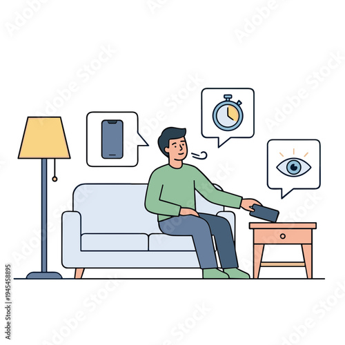 Man sitting on couch watching clock on TV screen with remote control