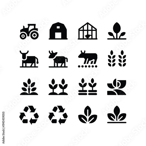 A collection of black icons representing eco-friendly farming practices and sustainable agriculture