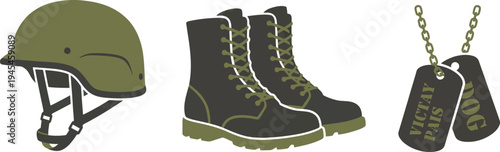 Military soldier combat equipment featuring an olive green tactical helmet heavy duty laced army boots and metal identification dog tags on a ball chain for defense.