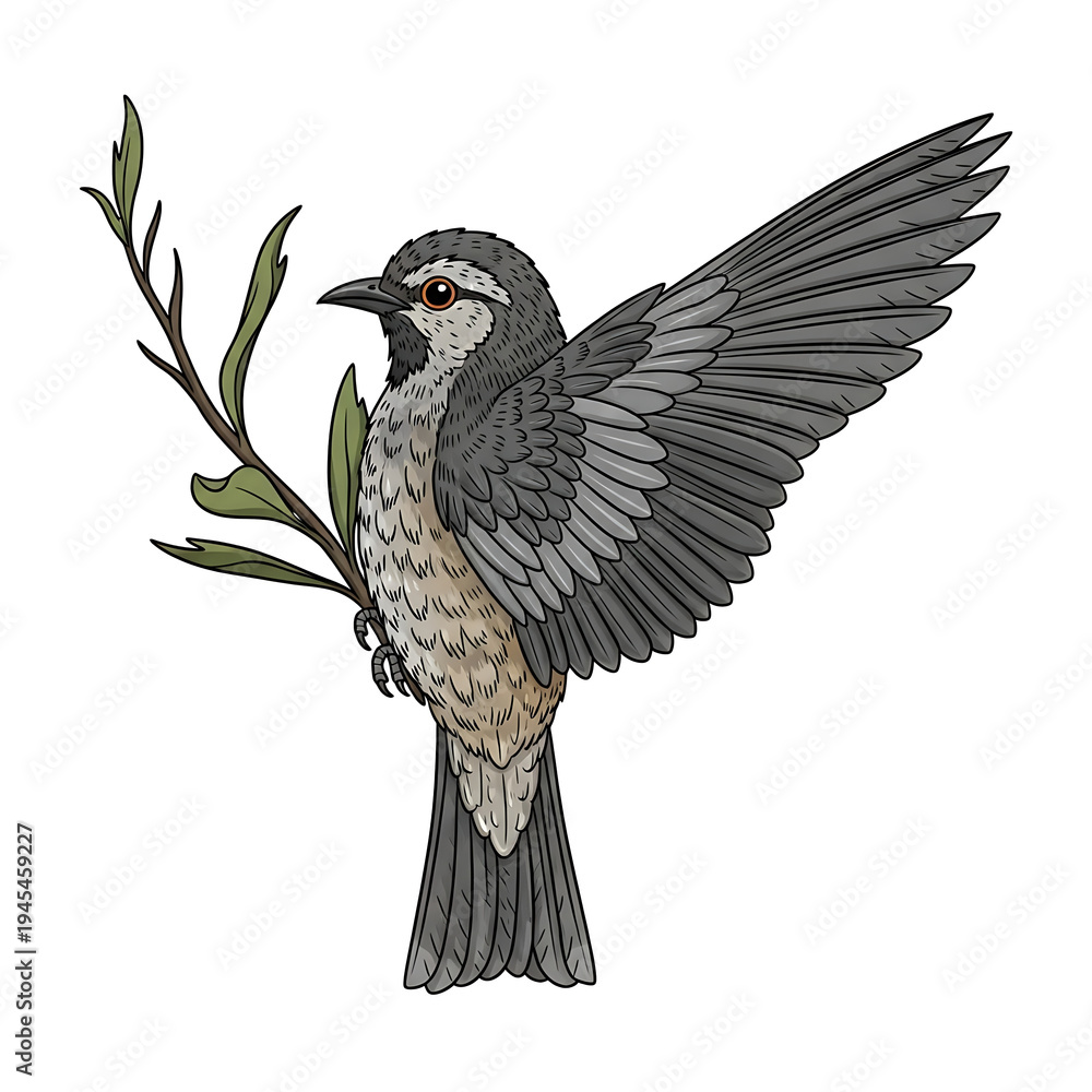 Fototapeta premium Illustration of a bird with outstretched wing holding a branch