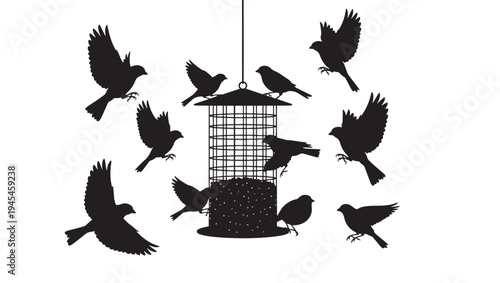 Birds flocking around a feeder, silhouettes of sparrows and finches in flight and perched on the feeder.