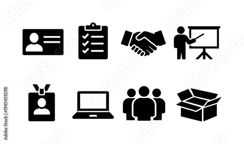 Employee onboarding process: user profile card, checklist clipboard, handshake agreement, training presentation board, ID badge, laptop setup, team group, welcome package box