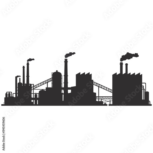 A black silhouette of an industrial factory with smokestacks