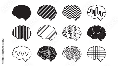 Brains icon set with diverse patterns including circuit boards, waves, and geometric designs. featuring brain, illustration, abstract with mind and
