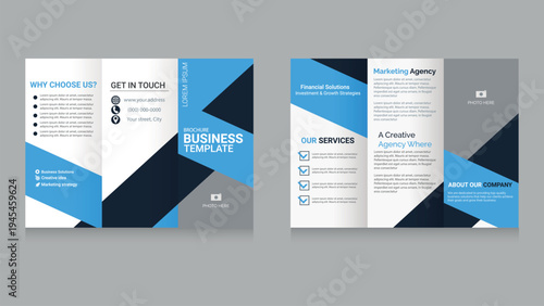 Corporate Trifold Brochure Template with Blue Geometric Shapes and Modern Layout. Fully editable vector design ideal for print brochures, company profiles, and corporate marketing materials.