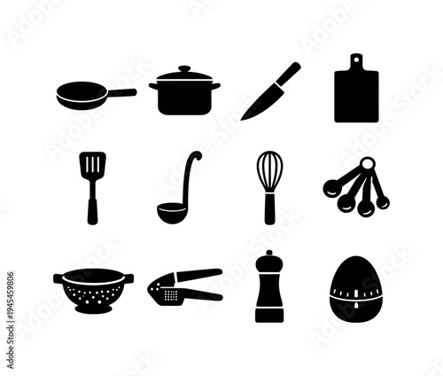 Home cooking utensils: frying pan, cooking pot with lid, chef knife, cutting board, spatula turner, soup ladle, kitchen whisk, measuring spoons, colander strainer, garlic press, pepper