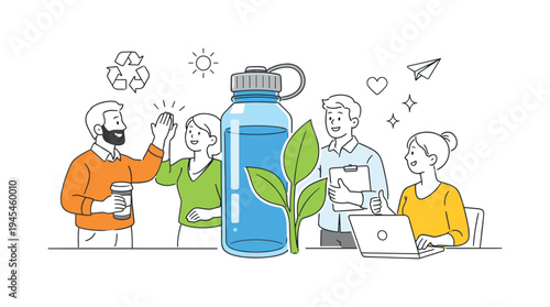 A group of professionals encouraging environmentally responsible habits in everyday office life, gathered around a large reusable water bottle with a growing leaf emerging beside it that