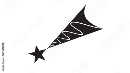 Star streaking with a wavy trail and abstract geometric shape in black on a white background. featuring comet, meteora, cosmic with space and galaxy