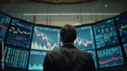Businessman analyzing multiple financial charts and stock market data on large screens.
