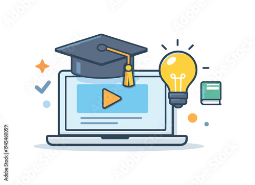 Online education and continuous professional learning through modern digital platforms enabling accessible skill development anywhere, a laptop paired with a graduation cap and a lightbulb
