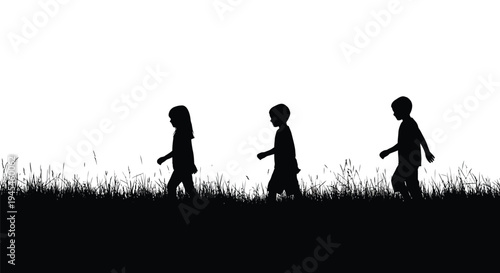Three anonymous child silhouettes walk together in a row across a grassy field against a bright, clear background, depicting universal themes of childhood, journey, unity, and friendship with a stark,