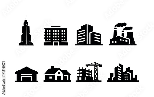 Urban buildings architecture: skyscraper tower, apartment building, office building, factory plant, warehouse, suburban house, building under construction, city block skyline