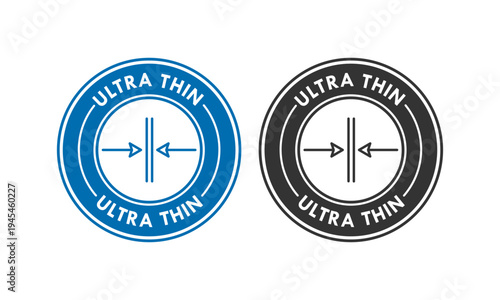 ltra thin vector icon in circle badge style with arrows pointing to a slim line. Professional minimalist design for product packaging, technology, and manufacturing labels.
