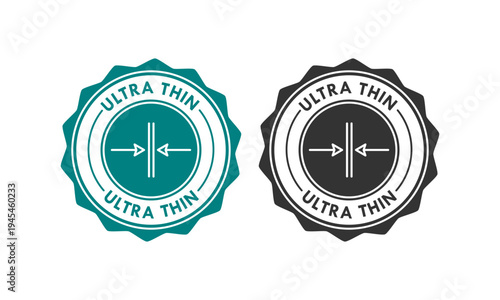 ltra thin vector icon in circle badge style with arrows pointing to a slim line. Professional minimalist design for product packaging, technology, and manufacturing labels.