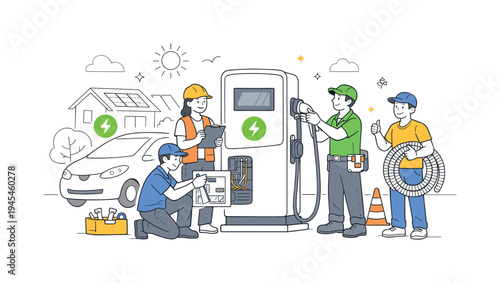 A small team of technicians installing an electric vehicle charging station in a modern residential neighborhood, gathered around a large charging unit and a simple electric car that