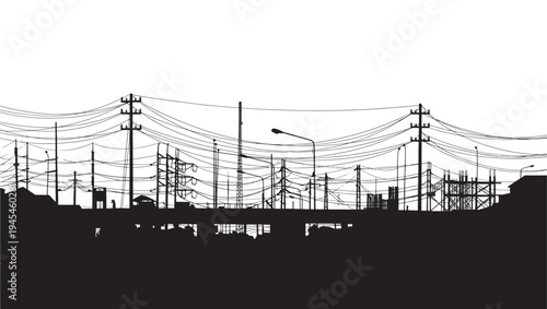 Telegraph poles and electrical wires form a dense network against a white background, creating an urban silhouette