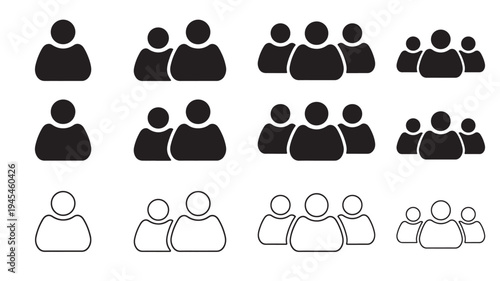 People icons in silhouette and outline style showing different group sizes and numbers of individuals.