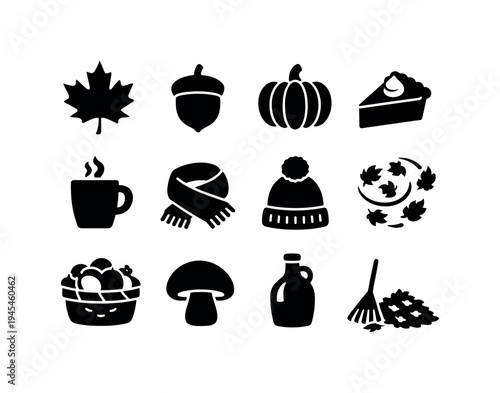 Autumn seasonal items: maple leaf, acorn, pumpkin, pumpkin pie slice, hot drink mug with steam, knitted scarf, wool hat, falling leaves swirl, harvest basket, mushroom, apple cider bottle