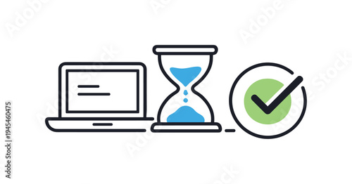 Balanced digital productivity and focused work sessions in a modern professional routine, a simple laptop beside a small hourglass and a checkmark symbolizing controlled workflow, efficient